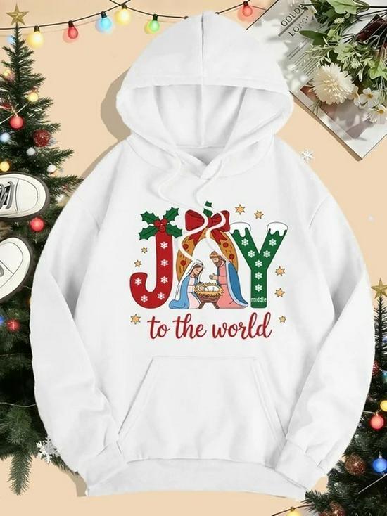 Women’s Merry Christmas Happy World Print Pocket Loose Hoodie