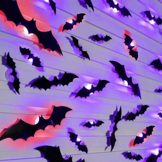 Halloween LED Bat Wall Stickers 3D Light Up Glowing Bat Stickers for Halloween Party Indoor Bedroom Wall Window Decor