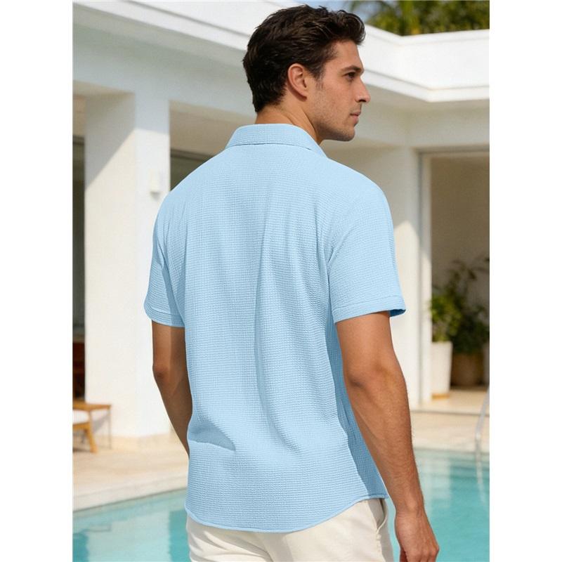 Men's Waffle Texture Short Sleeve Button Down Shirt Casual Pocketed Summer Top