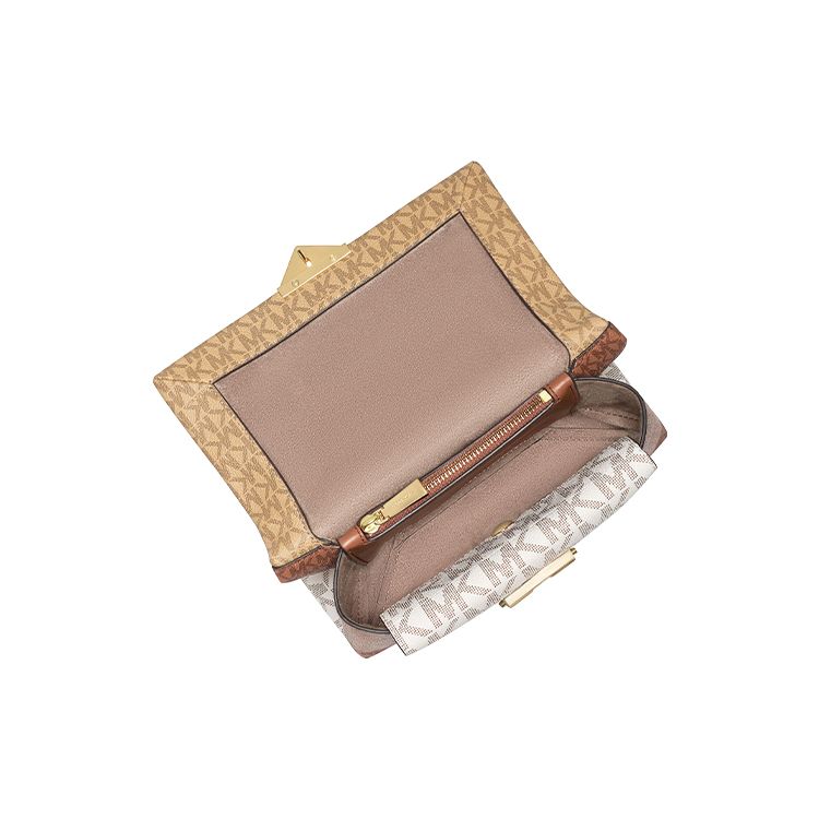 Michael Kors MK Hamilton Монограмма Дорожная Модный Дизайн Кожаная Сумка-Тоут Маленькие Женские Сумки Ванильно-Белый Желудочно-Коричневый 35F1GHMS1B-150