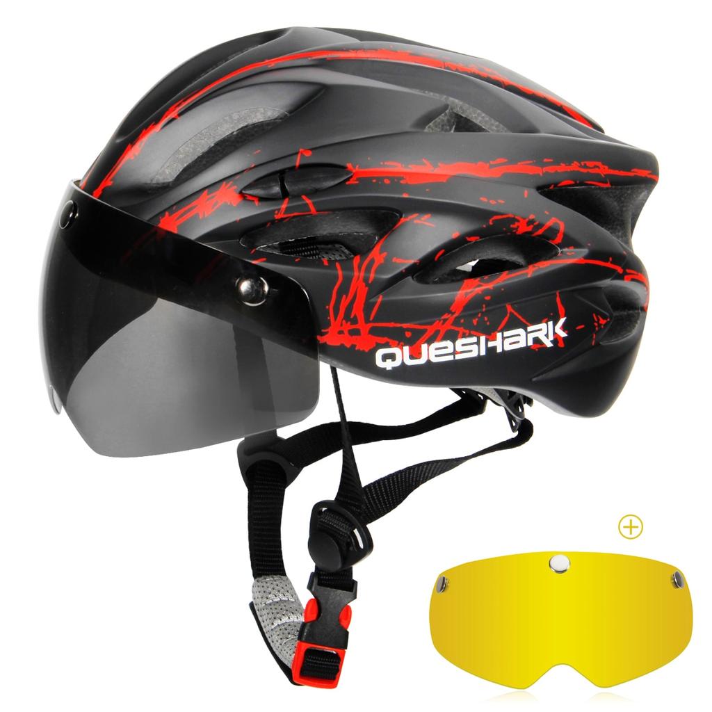 Queshark Ultralight Cycling Helmet with Goggles Bicycle Safety Cap Motorcycle Riding MTB Road Bike Helmet+Removable Yellow/Colorful Lens