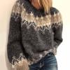 Women Autumn Winter Sweater Round Neck Stripe Print Knitting Sweater Patchwork Pullovers Casual Loose Fashion Long Sleeve Sweater
