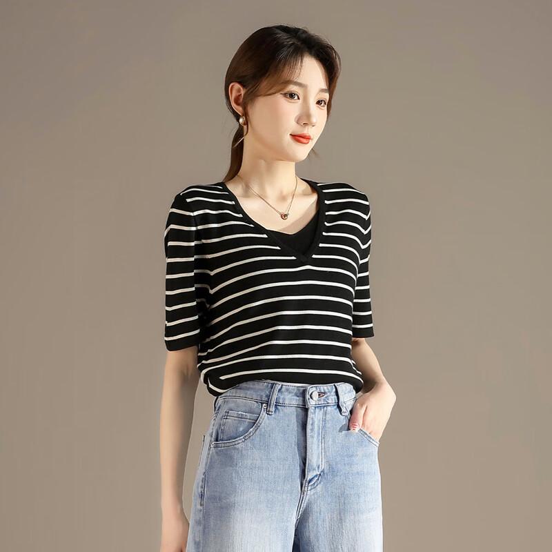 RAIN.CUN Women's V-Neck Faux Two-Piece Striped T-Shirt