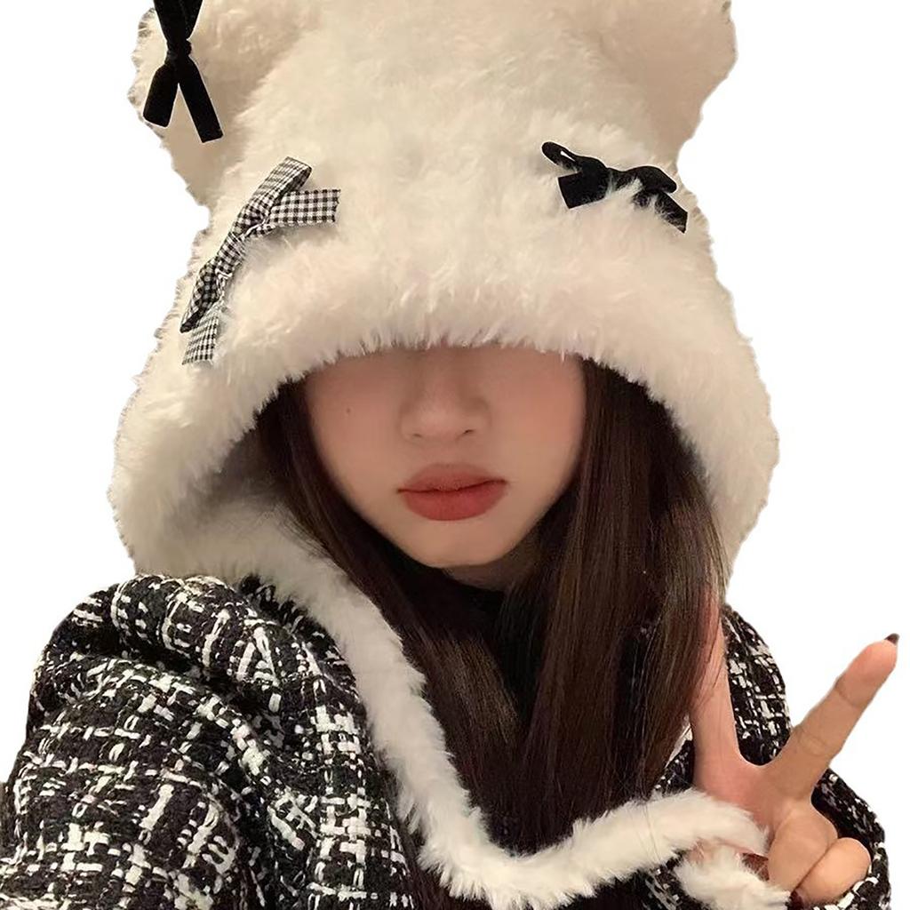 Cute Girls Bowknot Bear Ear Earflap Beanie Windproof Trapper Hat Ear Protector Hat Adult Winter Cycling Skiing Supplies