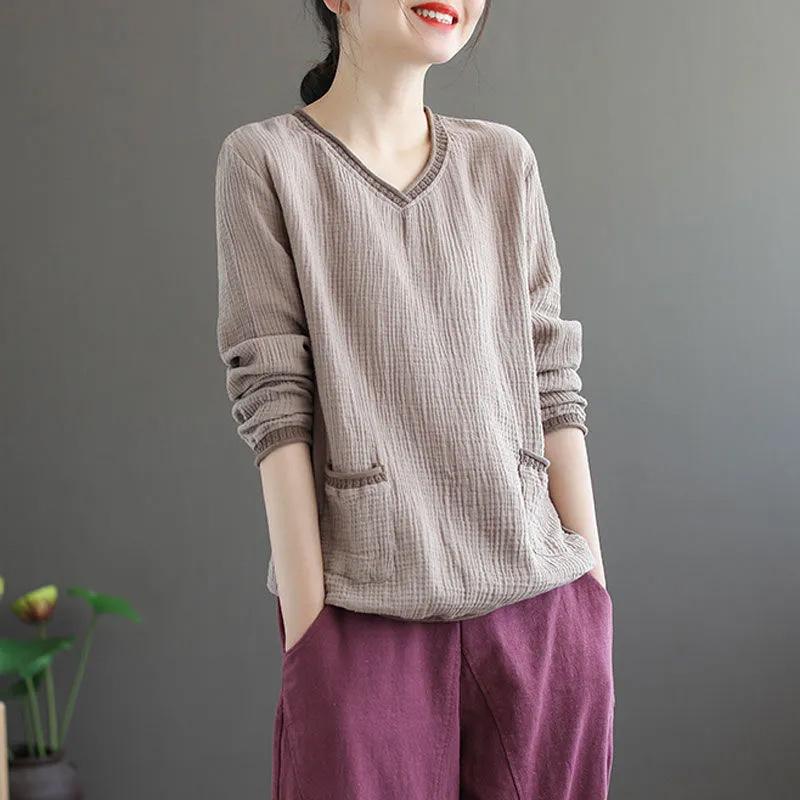 Женский большой размер с длинным рукавом и V-образным вырезом, повседневный, с длинным рукавом, свободный, в стиле ретро, с длинным рукавом в этническом стиле