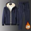 Men's Winter Plus Size Snow Warm Suit Solid Color Long Sleeve Hooded Cardigan + Solid Color Thickened Straight Pants Two-piece Set