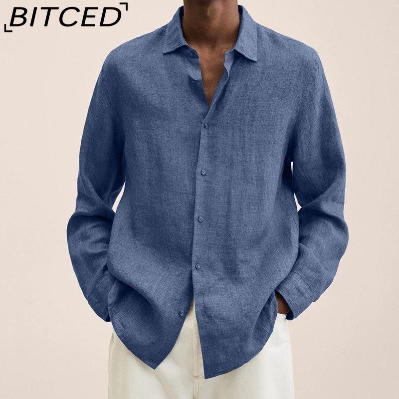 BITCED Кардиган-рубашка на пуговицах с длинным рукавом, свободного кроя, из смесовой хлопково-льняной ткани, для мужчин, на все сезоны