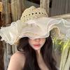 Breathable Lace Pearls Sun Cap Portable Big Brimmed Woven Cap Sweet Straw Weaving Beach Hat  Spring