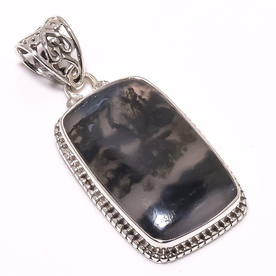Natural Moss Agate Gemstone 925 Solid Sterling Silver Jewelry Pendant 1.65" I5J75