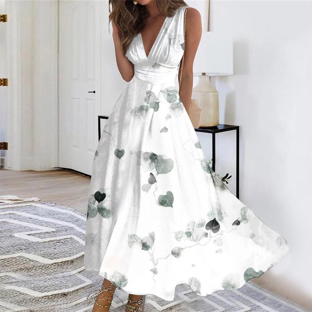 Женское длинное платье Платье макси Повседневное платье Летнее повседневное платье без рукавов с v-образным вырезом в стиле бохо с талией и принтом