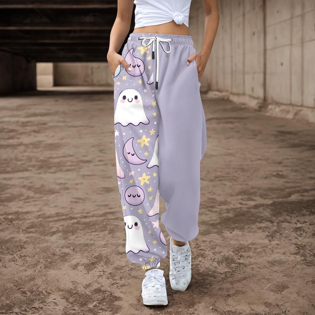 Женские повседневные брюки с принтом на Хэллоуин, эластичные брюки с завязками на талии