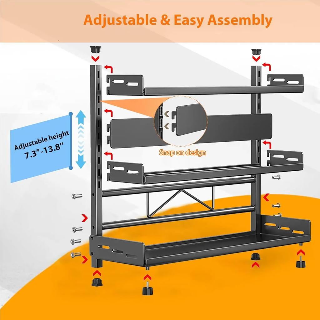 3-ярусная полка для хранения специй на столешницу, регулируемая организация специй для шкафа, кухонный органайзер, металлическая полка, черная