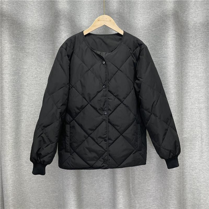 Women Fall Winter White Duck Down Jacket Coat Padded O-Neck Single-breasted Full Sleeve Pocket Lingge Thin Solid Color