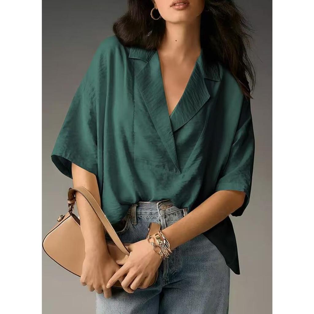 Women's, Summer New Style, Short Sleeved, Lapel, Casual, Loose Fit, Top, Solid Color Shirt