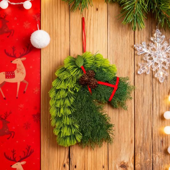 Horse Head Wreath Rustic Farmhouse Equestrian Door Decor Artificial Horse-Shaped Wreath with Red Ribbon for Front Door Wall Window Holiday Decor