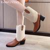 Fur Chunky Women Ankle Boots Leather Pointed Toe Fad Mid Heels Shoes Short Plush Cotton Shoes 2025 Trend Winter Warm Botas Mujer