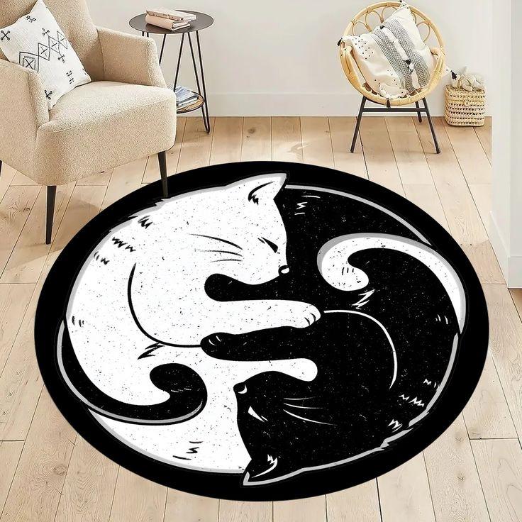 Yin and Yang Cat Round Carpet for Living Room Bedroom Decoration Non Slip Children's Room Crawling Floor Mat Popular Circle Rug