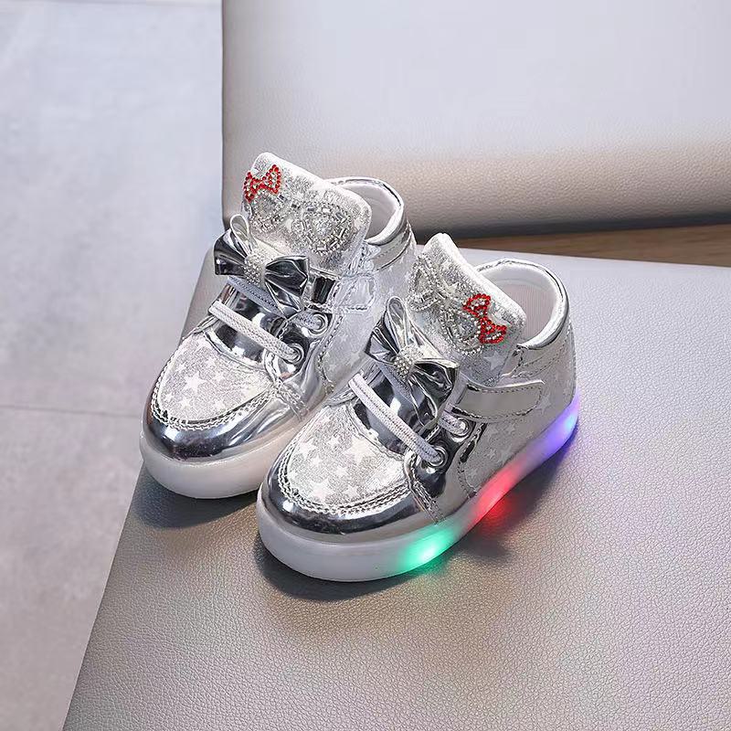 2022 Spring/Autumn Kids' LED Light-Up Bowknot Leather Boots Diamond Sports Shoes