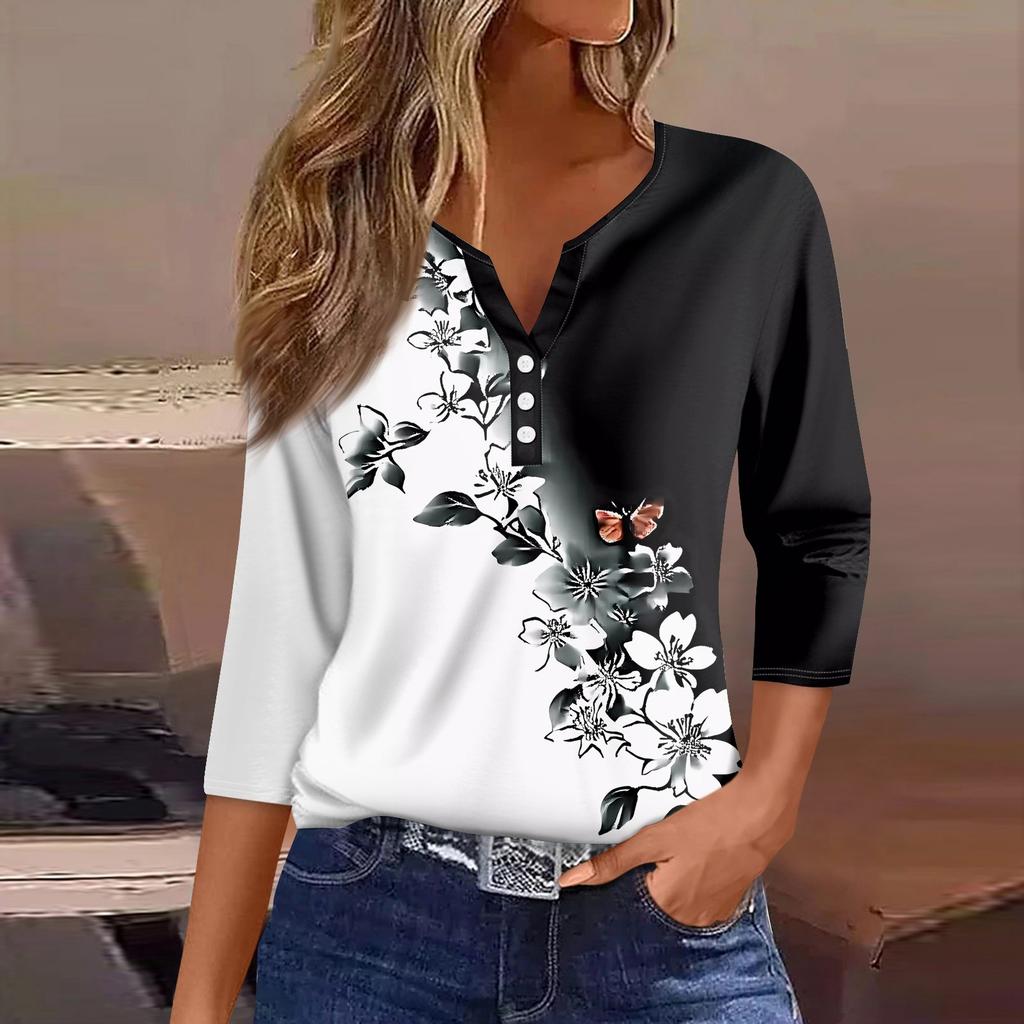 Жен. Футболка С принтом Пуговицы Рукав 3/4 Повседневные Выходные Мода Классический Классический V-образный вырез Обычный Верх