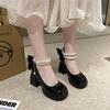 Autumn New Thick Heel Single Shoes Women's Round Head Shallow Mouth Butterfly Knot Beaded Platform High Heels