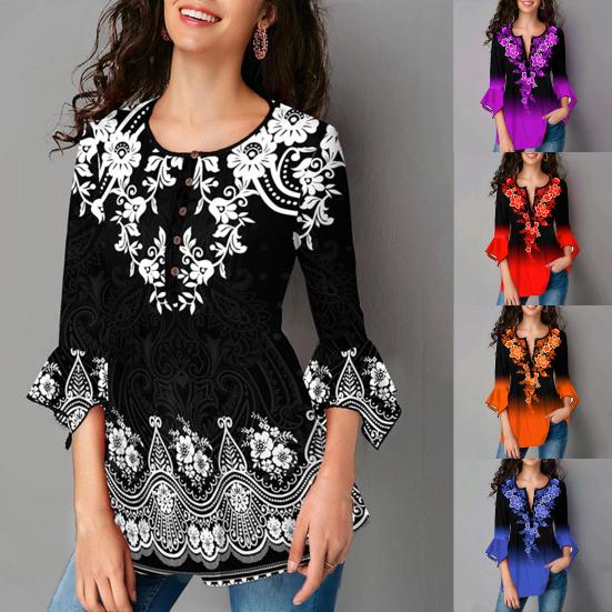 Винтажная рубашка с градиентным цветным принтом и нерегулярными расклешенными рукавами для женщин, тонкие все