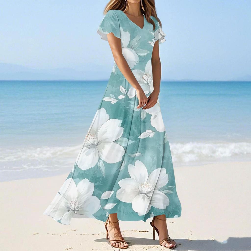 Женское летнее повседневное модное платье с цветочным принтом и V-образным вырезом с коротким рукавом