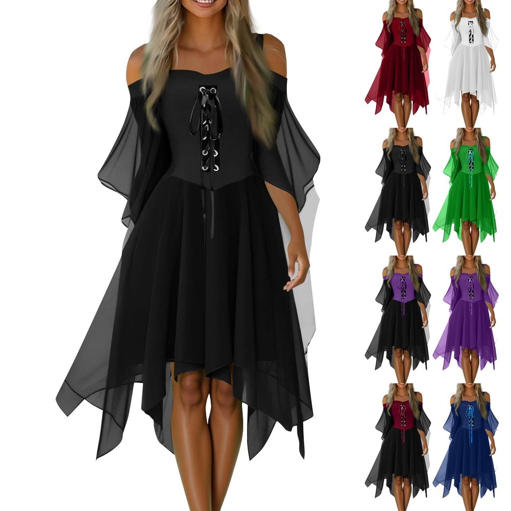 Women Casual Plus Size Cold Shoulder Dress Solid Color Chiffon Butterfly Sleeve Gothic Dress