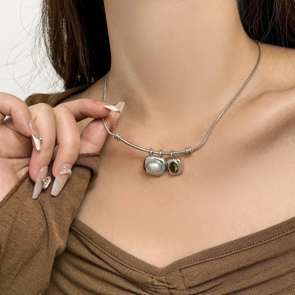 Imitation Pearl Tigereye Stone Pendant Necklaces Geometric Collarbone Necklace  Women