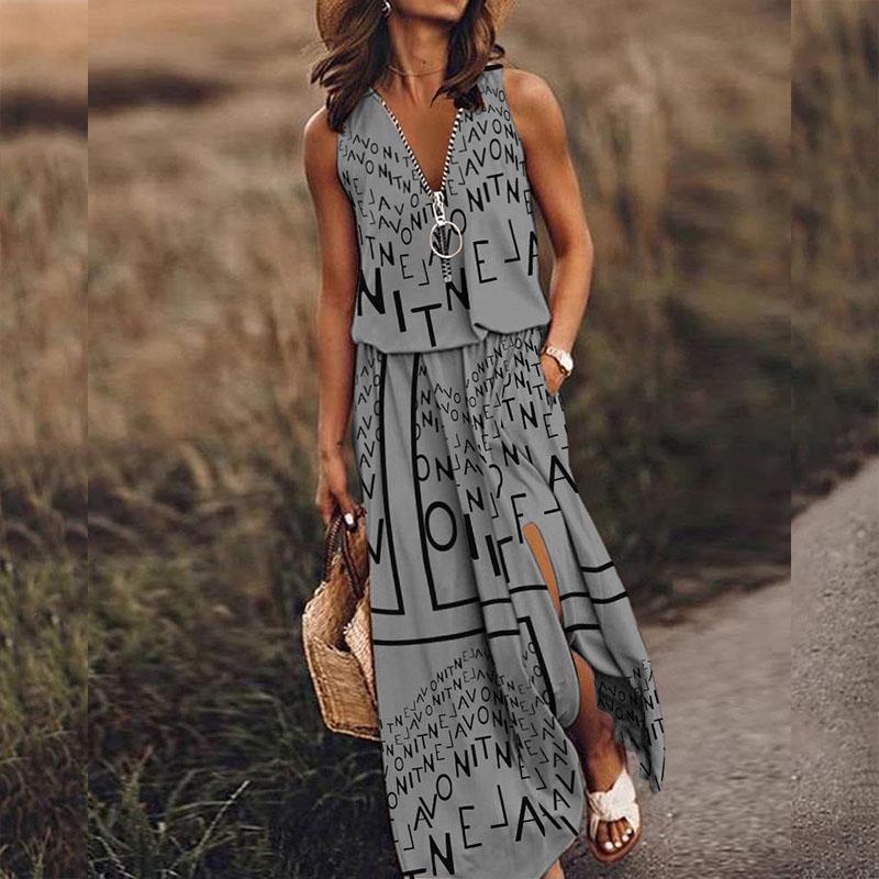 Summer Women Dress Long Sleeveless Casual Ladies Dress Zipper Letter Print Waist