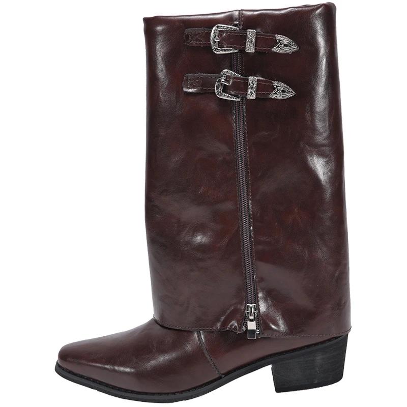 Панк женские гладиаторские высокие сапоги модные зимние новые остроносые трендовые женские туфли 2025 года до середины голени массивные дизайнерские мотоциклетные сапоги