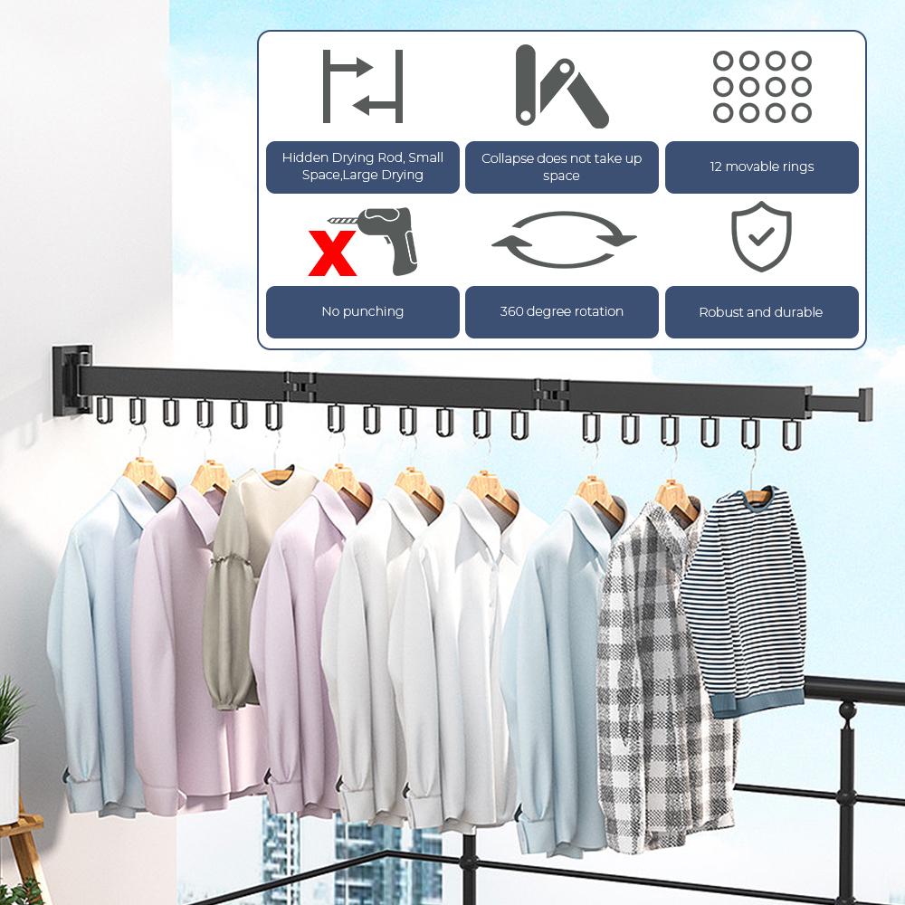Cloth Drying Rack Folding Clothes Hanger Aluminum Indoor and Outdoor Wall Mount Retractable Home Laundry Clothesline Space Saving Home Accessories