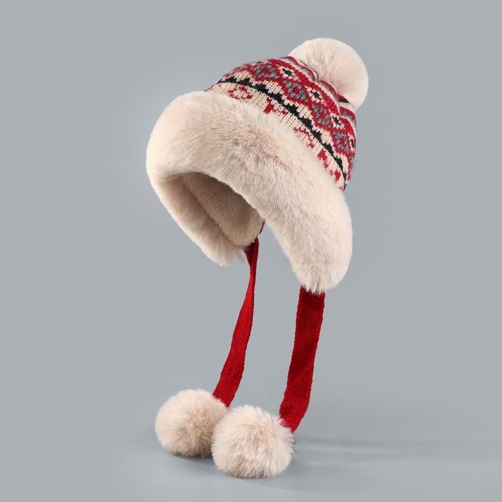Плюшевая шапка в стиле ретро в этническом стиле для женщин, теплая зимняя защита ушей, вязаная сумка, утолщенная, чтобы показать лицо, маленькая шапка Lei Feng, защита от холода