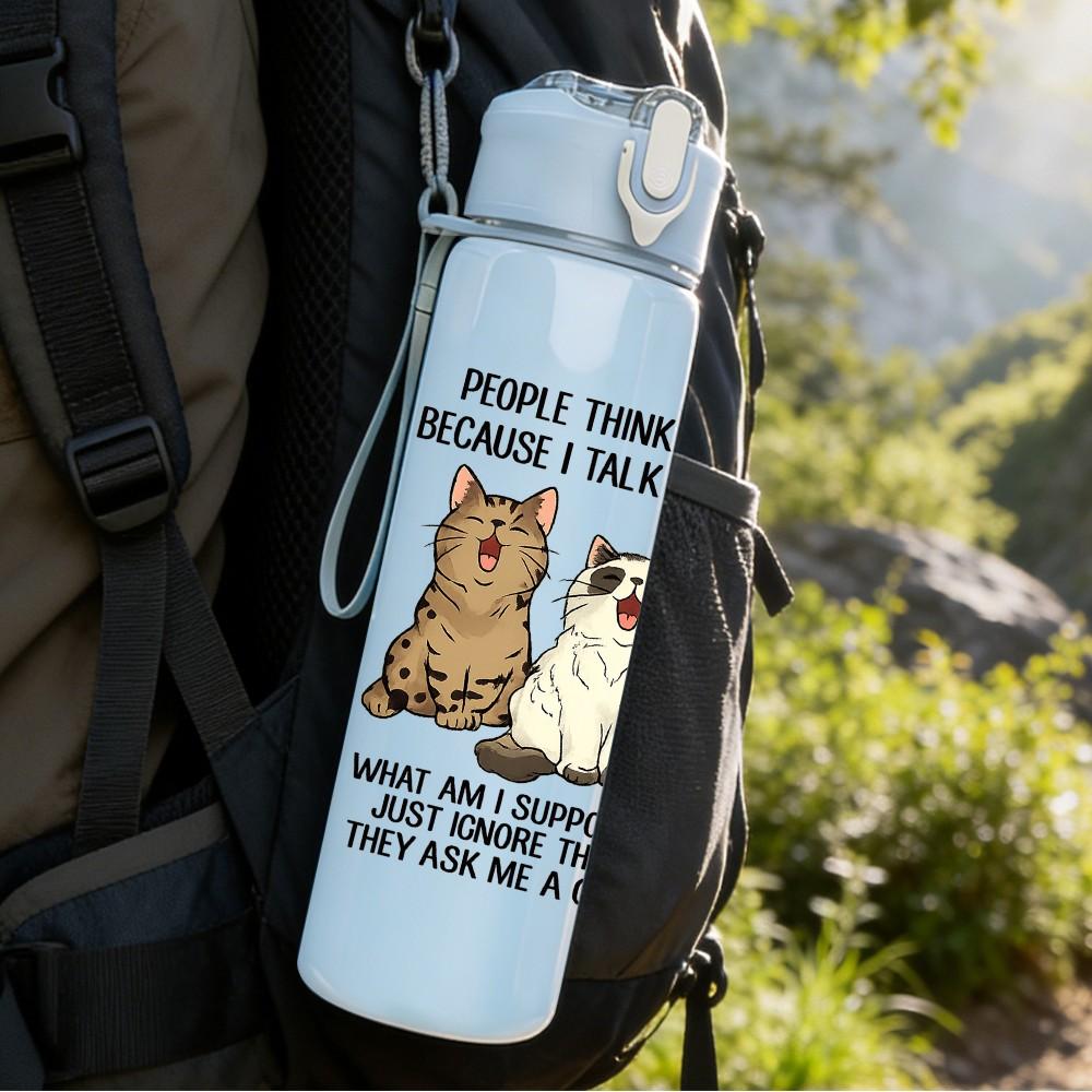 1PC Three Cats Slogan Quote Print 750ml Color Plastic Sports Water Bottle Leakproof Flip Straw Lid Suitable for Sports Office Home Use