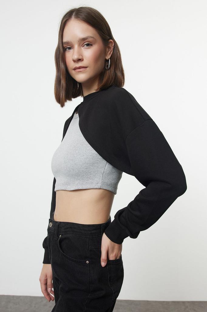 Women's Fashion Stylish Sweatshirt Black Asymmetrical Super Crop Crew Neck Thin Knitted Sweatshirt