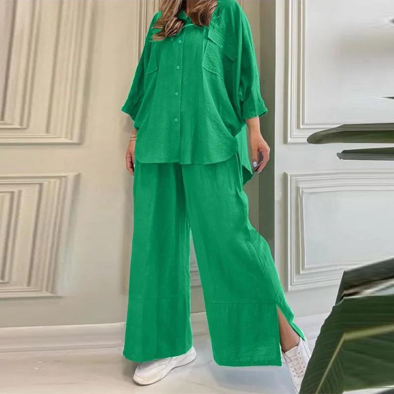 2025 Women's Cotton-Linen Casual Two-Piece Set: Solid Color Long-Sleeve Shirt & Pants