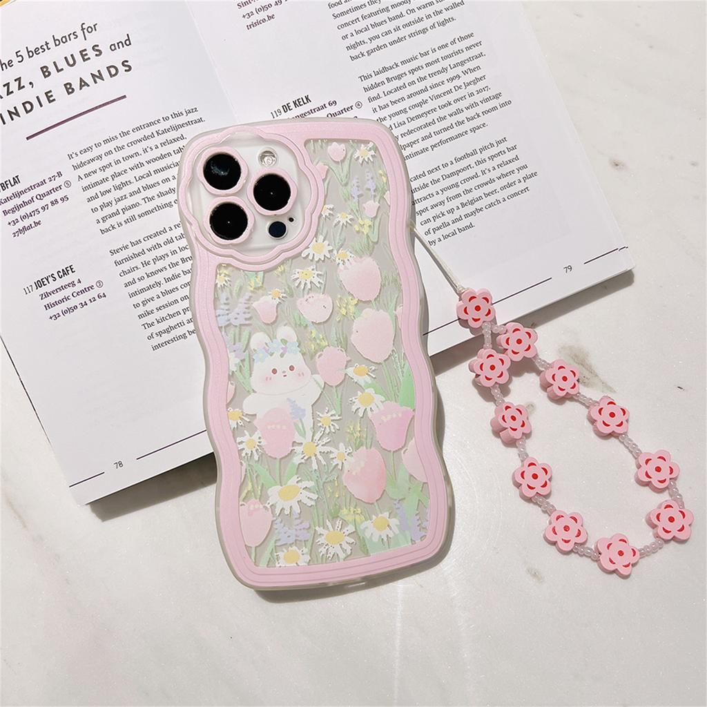 Cute Pink Flower Rabbit Wave Phone Case With Beacelet For Iphone 13 12 11 Pro Xs Max X Xr 7 8 Plus Kawaii Cover Funda