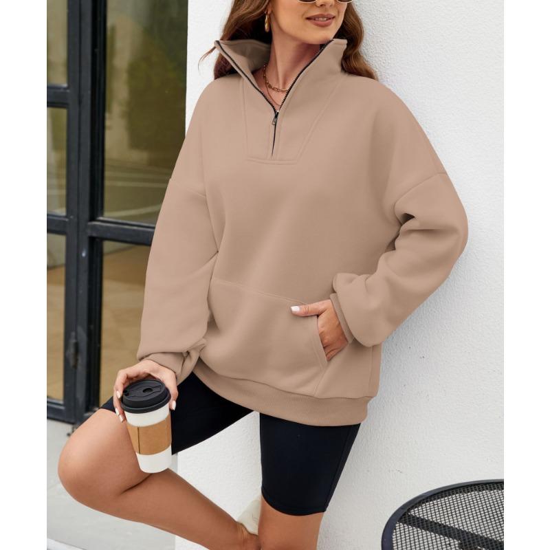 Осенне-зимняя однотонная женская свободная толстовка с воротником-стойкой на молнии