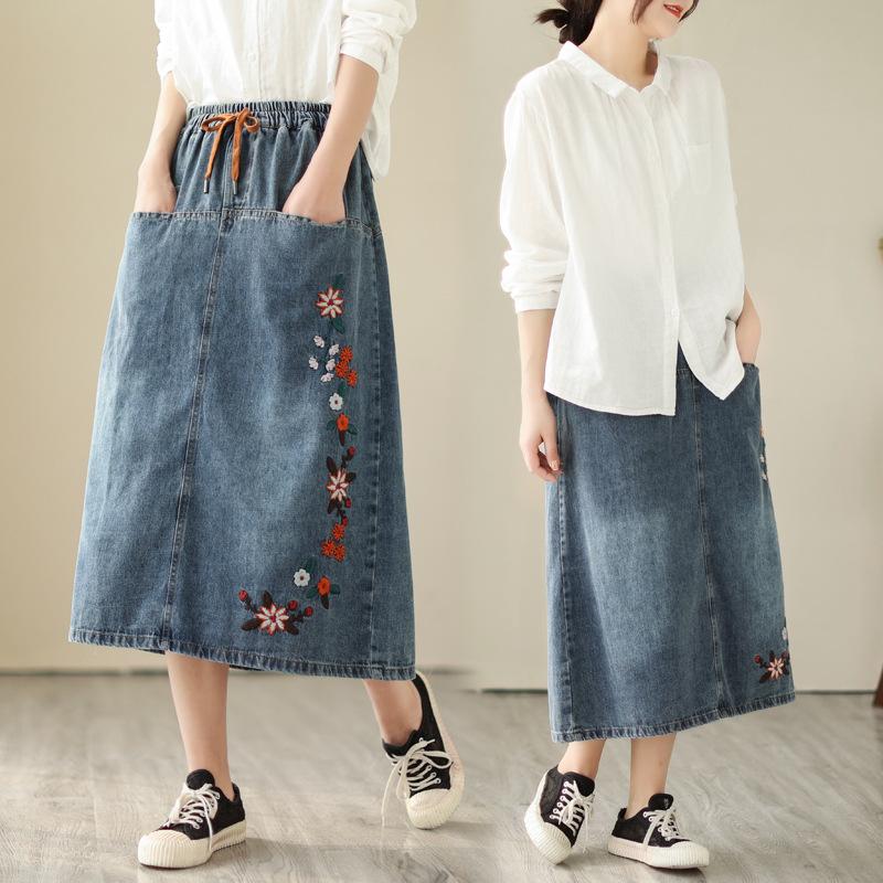 Женская юбка весна-лето, юбка А-силуэта с эластичной талией, джинсовая юбка с вышивкой и высокой талией