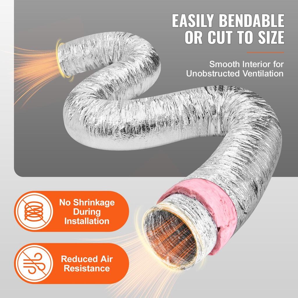 Dryer Vent Hose, 254MM Insulated Flexible Duct 7.62M Long with 2 Duct Clamps, Heavy-Duty Three Layer Protection for HVAC Heating Cooling Ventilation