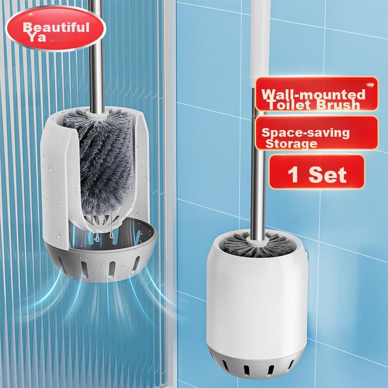 Toilet Brush Set with Wall-Mounted Design, Base, Long Handle, Round Head, No Drilling Required, No Dead Angles, for Cleaning Toilet And Bathroom