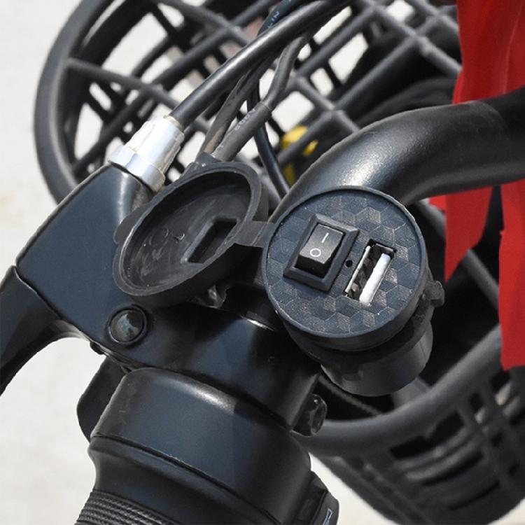 E-Bike and Scooter USB Charger with 9-24V Input and 5V 1.5A USB-A Output, Black PC Housing, On-Body Power Control, Cable, and Metal Mount