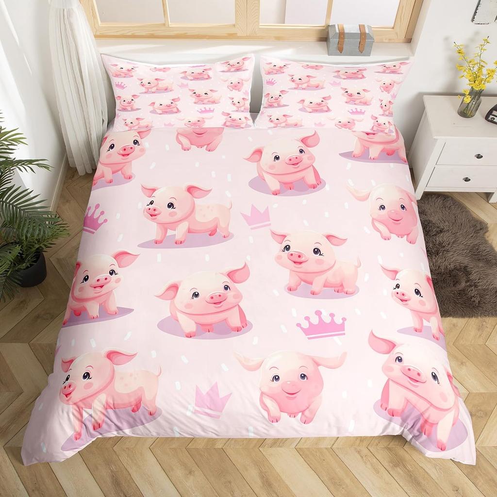 Pink Pig Bedding Set King Queen Sleeping Pig Duvet Cover For Kids Boys Girls Kawaii Animals Comforter Cover With 2 Pillowcases