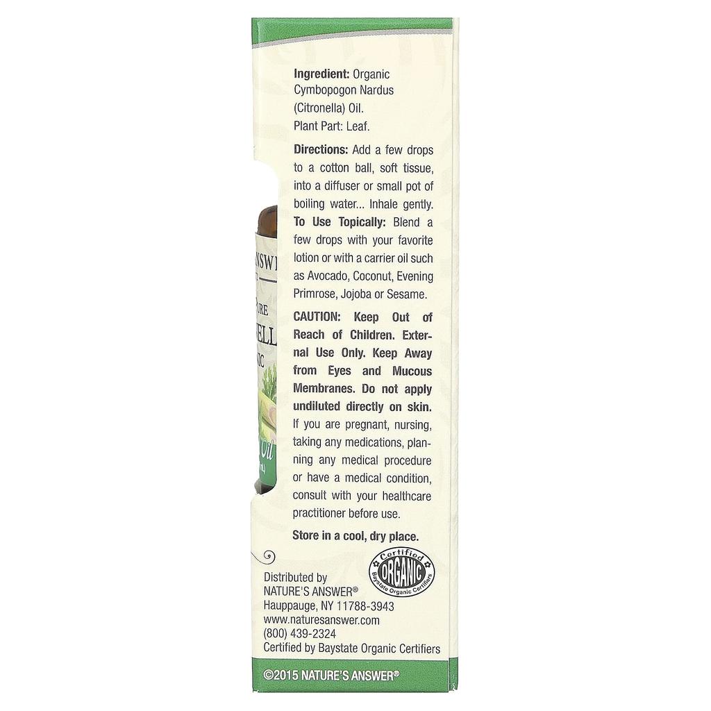 Nature's Answer Organic Essential Oil Blend, 100% Pure Citronella, 0.5 Fl Oz (15 Ml)