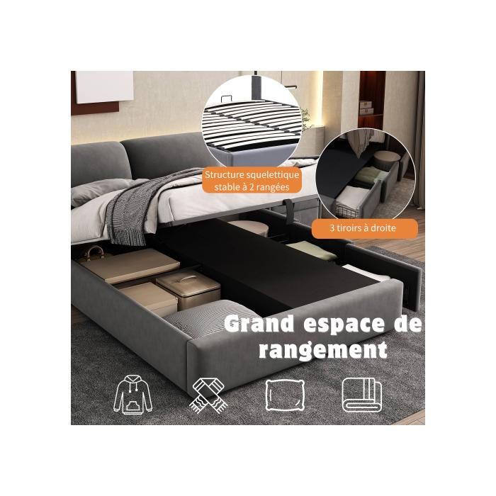 Lit rembourré, 140*190, base hydraulique, trois tiroirs, sans matelas, velours, gris