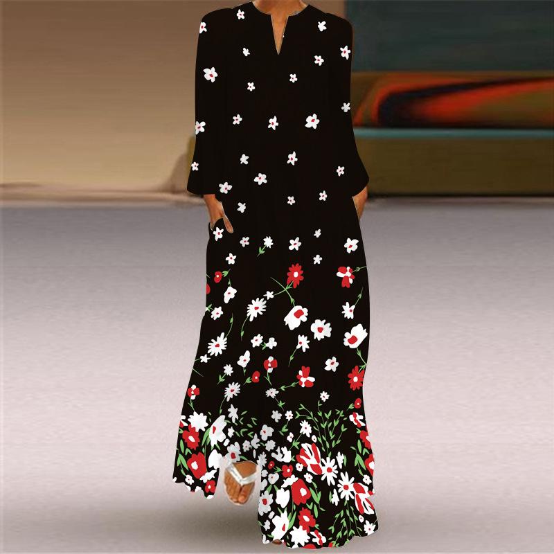 2024 European & American Women's V-Neck Long Sleeve Pocket Print Dress