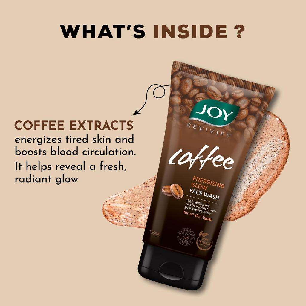 JOY Tan Removal Exfoliating Coffee Face Wash 2X150ml Combo Pack for Glowing, Energized Skin