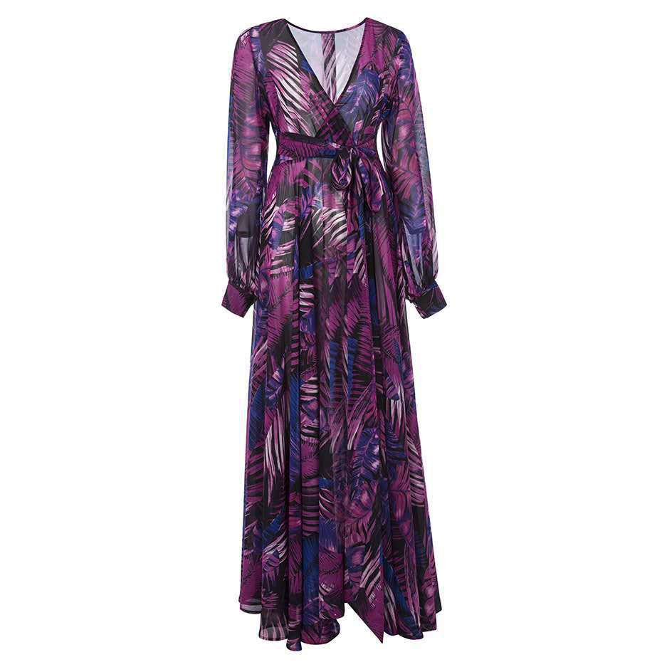 1011 Spring and Summer New European and American Women's Dress V-Neck Lantern Sleeve Red Leaf Printed Long Dress, Large Swing Dress
