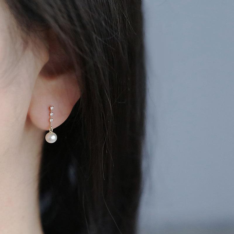 Серьги с 3-мя столбиками и бриллиантами в жемчужной оправе, серьги с жемчугом, серьги в стиле темперамент, серьги в нежном стиле французского ретро