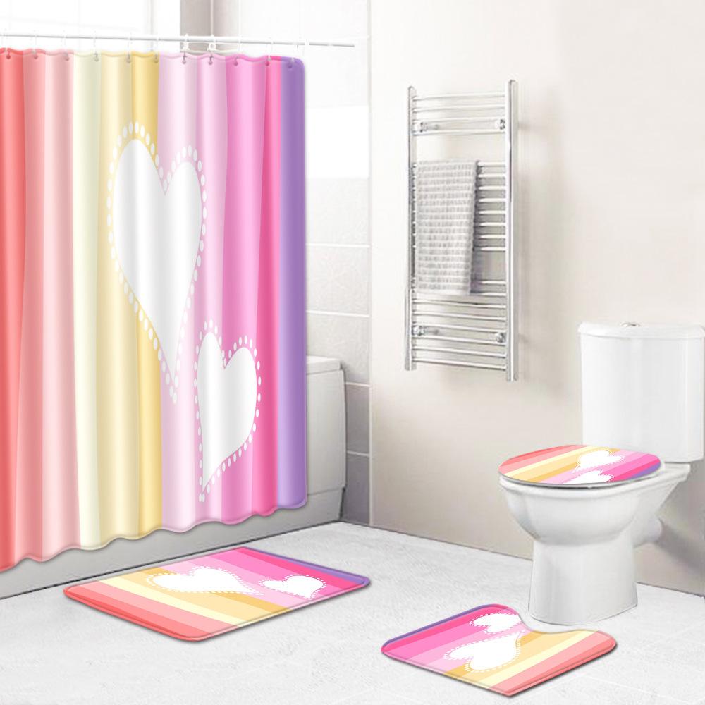 Love Valentine'S Day Shower Curtain Floor Mat Four-Piece Set Bathroom Non-Slip Door Mat Bedroom Carpet