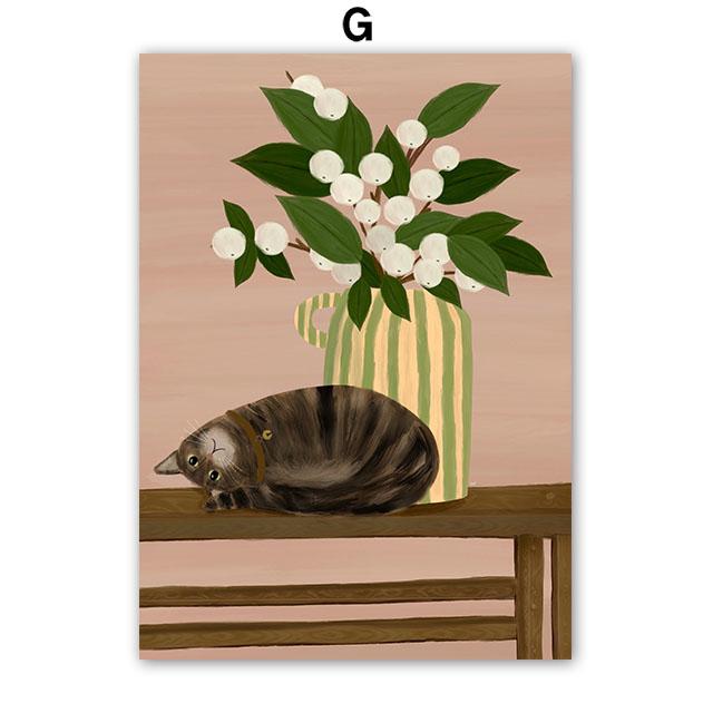 Бохо Абстрактная Девушка Садовые Цветы Кот Иллюстрация Настенное Искусство Холст Живопись Скандинавский Постер и Принты Картины Декор Гостиной